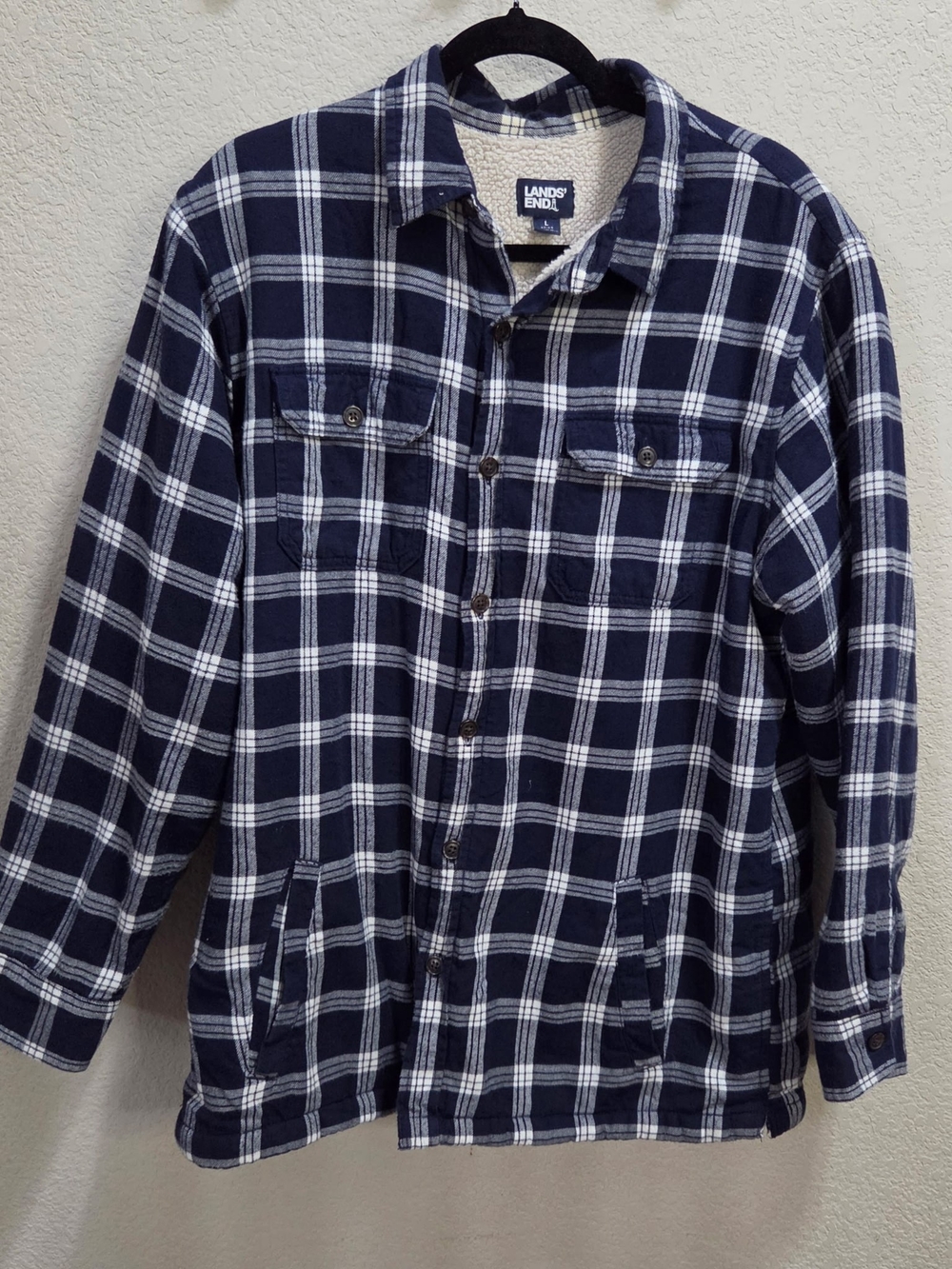 Lands' End Navy and White Plaid Sherpa-Lined Shirt Jacket Size Lg